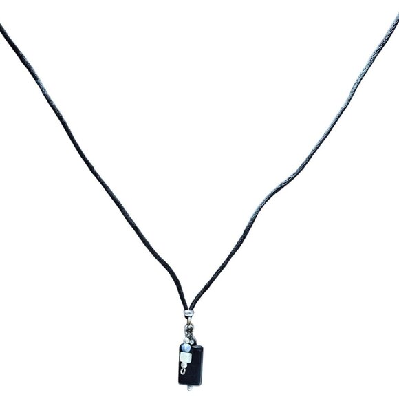 Elegant Handcrafted Black Square Pendant Cord Necklace Blue White Beads Jewelry - Picture 2 of 7